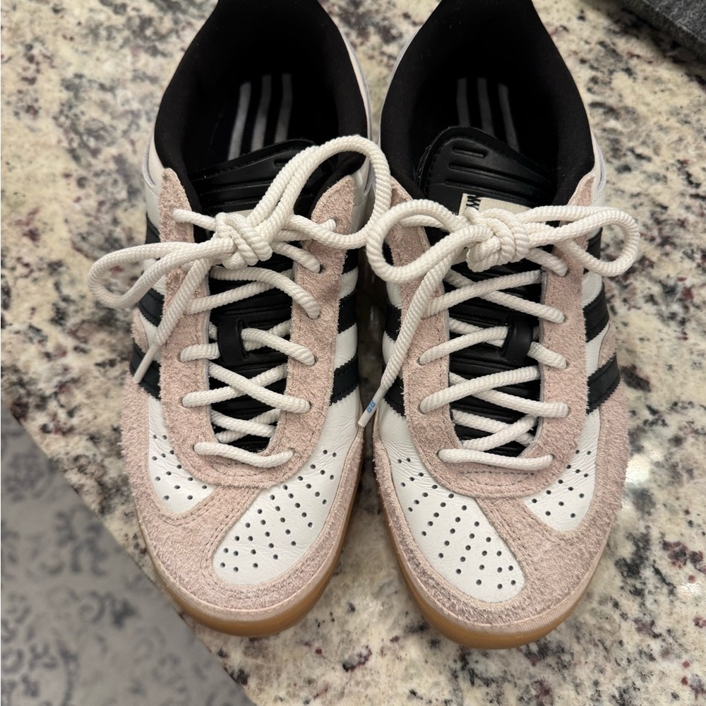 Adidas Pink and White Trainers with Black Stripes